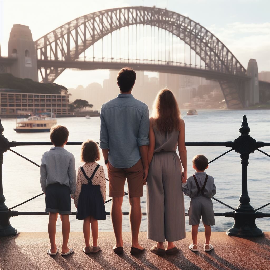 Family facing away from the camera standing in front of Sydney Harbour Bridge