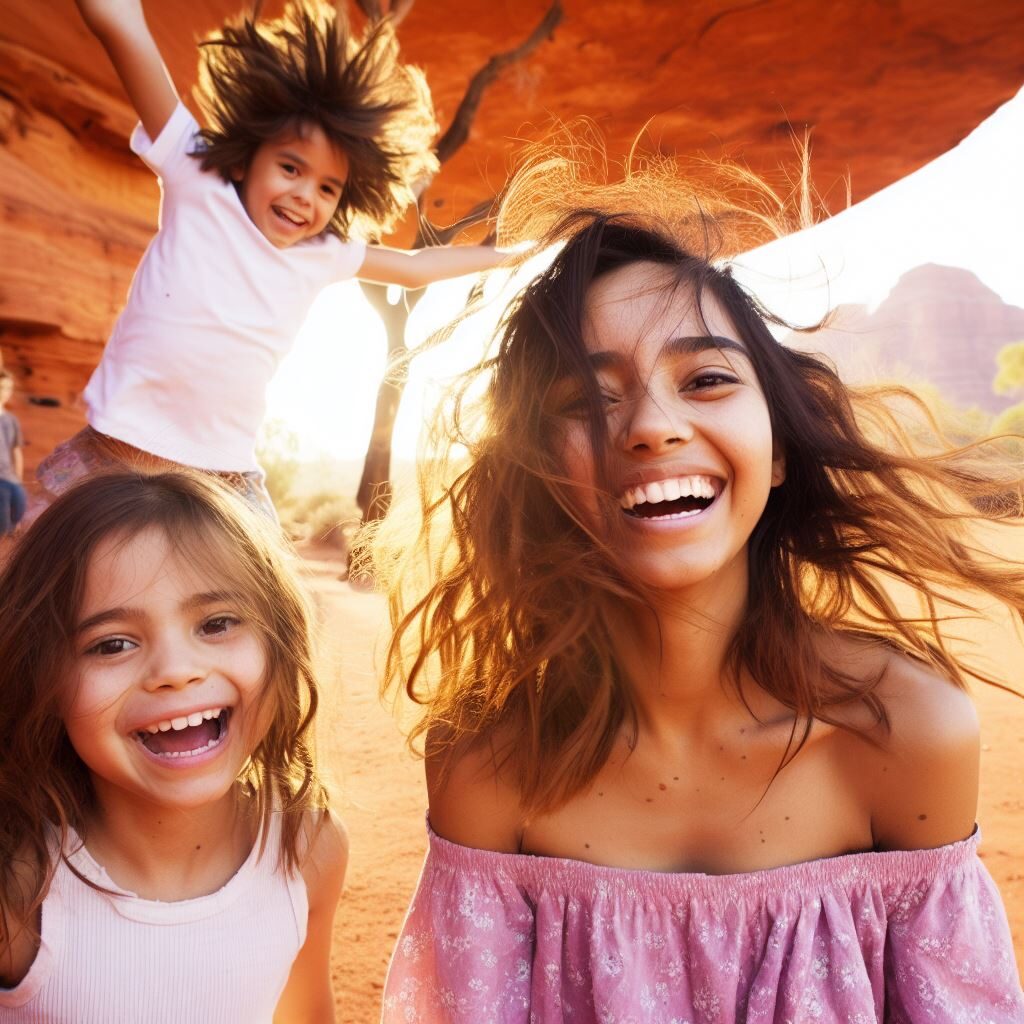 Children having fun in the red centre of Australia on a family holiday